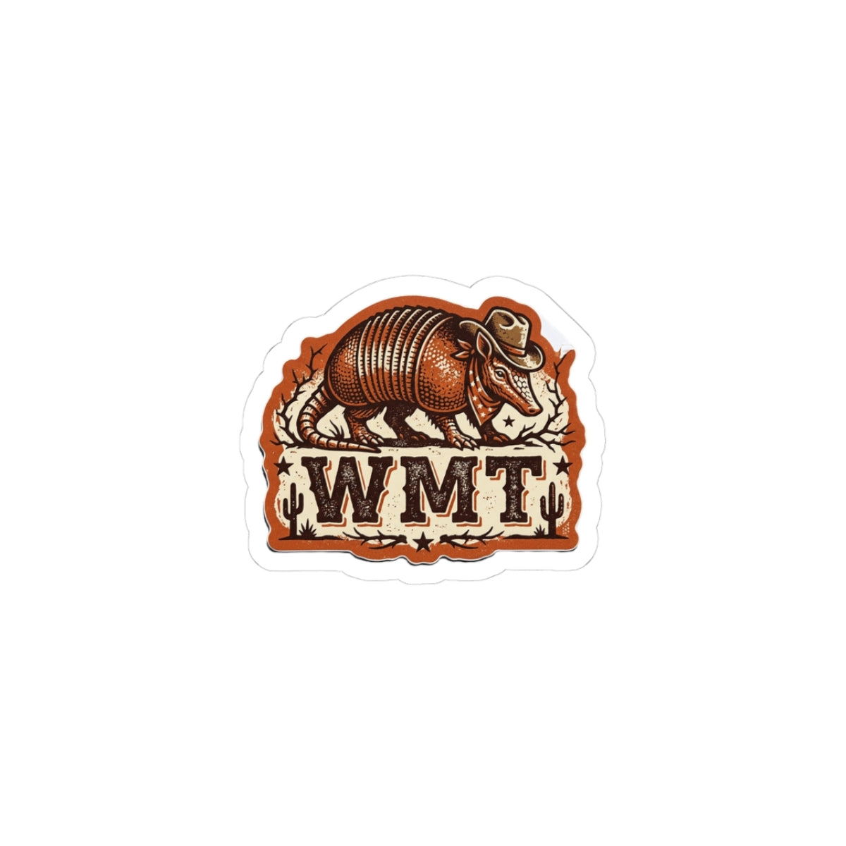 Western Armadillo WMT Kiss-Cut Sticker — Vintage Cowboy Desert Badge