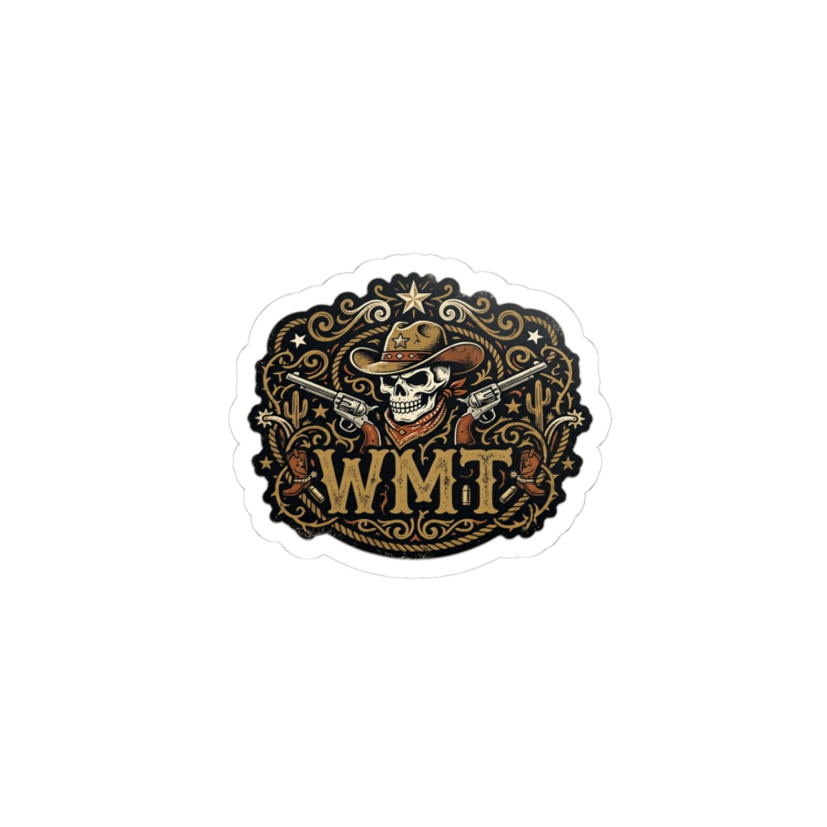Western Skull Cowboy Sticker — Vintage WMTP Skull & Pistols Kiss-Cut Decal